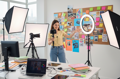 Content Creation & Marketing - creative workspace with camera and colorful mood boards