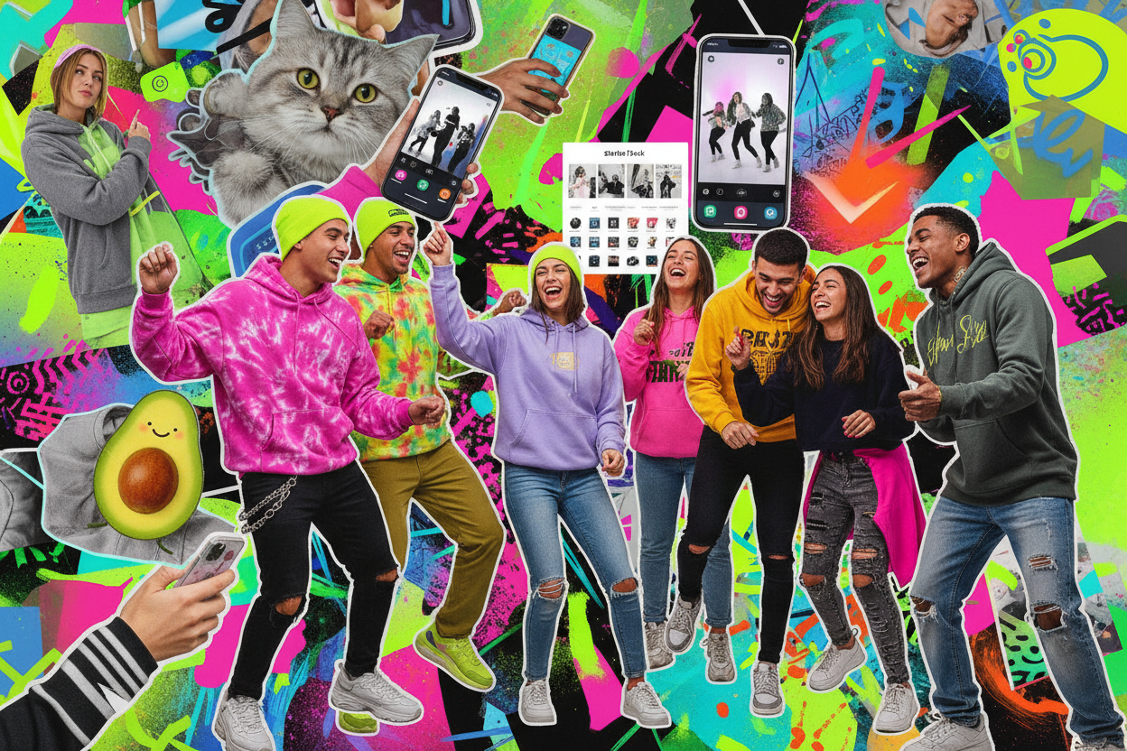 Gen Z Marketing - energetic collage of Gen Z culture with TikTok style content and diverse young people
