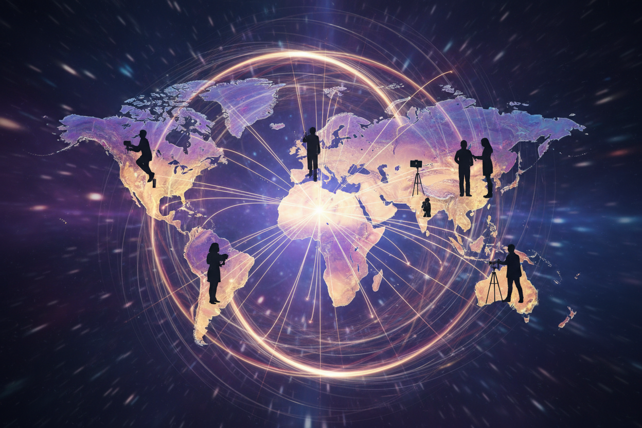 Global Creator Search - world map with glowing connection lines linking diverse influencer silhouettes