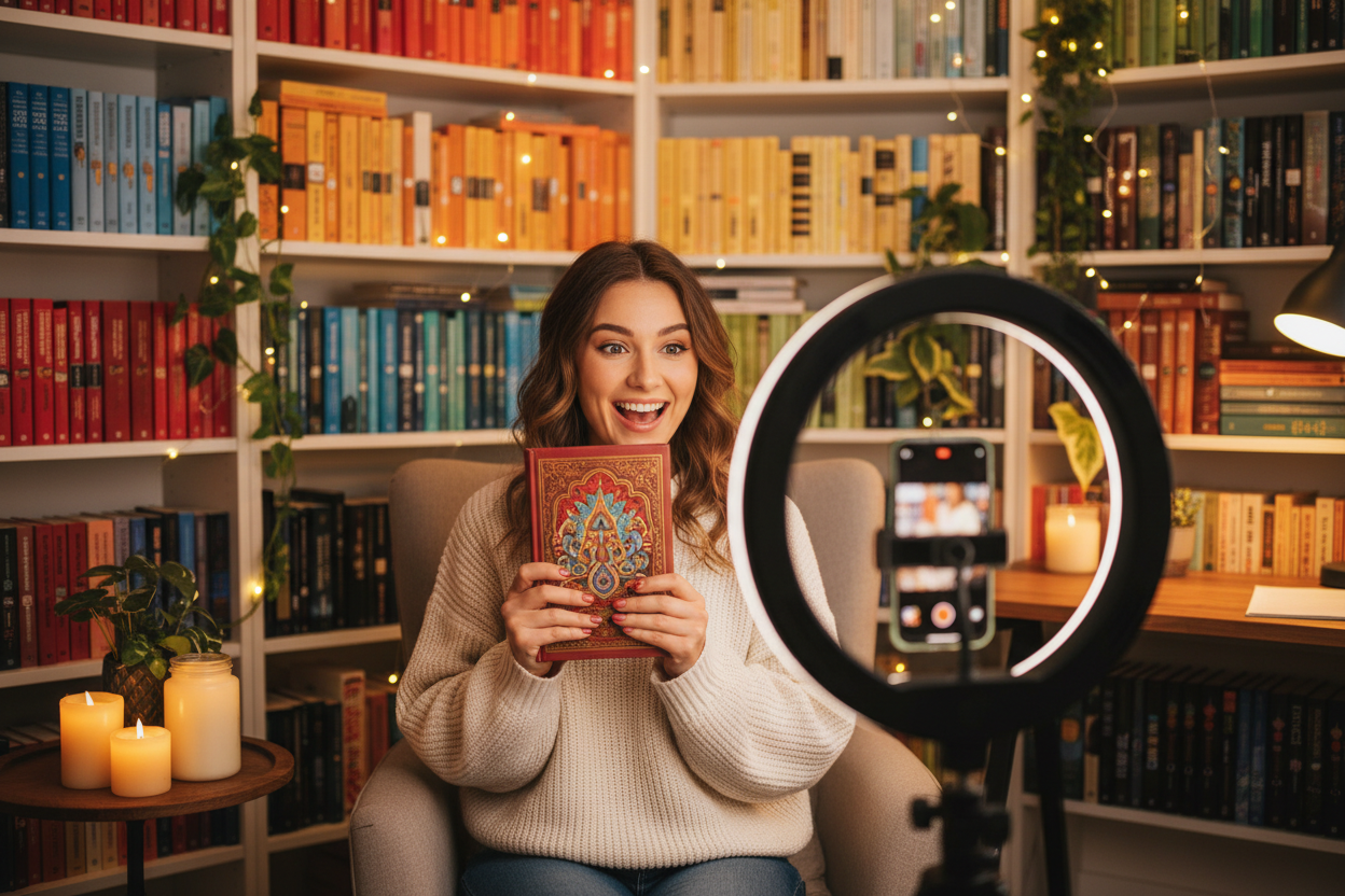 Excited young woman on BookTok holding up a hardcover book with cozy bookshelf background