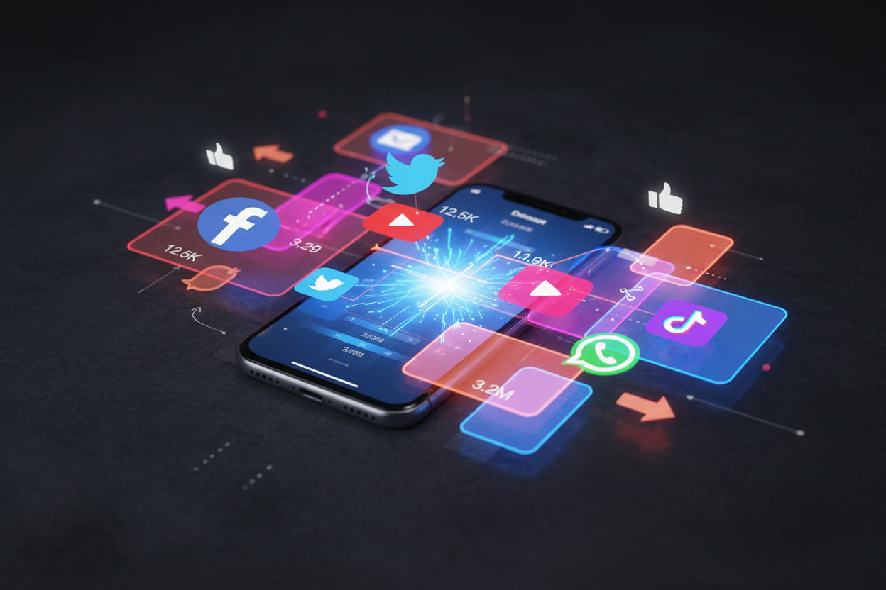 Social Media Management - vibrant social media dashboard with platform icons
