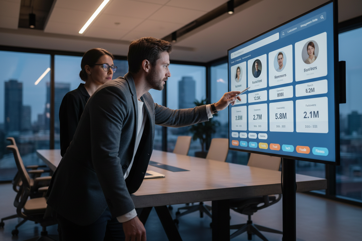 Influencer research dashboard showing creator profiles with engagement stats on a large monitor