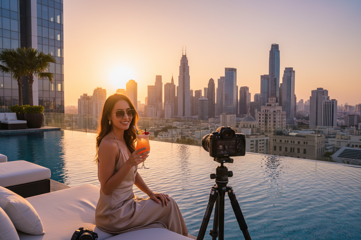 Luxury travel influencer at a 5-star hotel rooftop pool with city skyline at golden hour