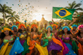 Enter the Brazil Market - smiling Brazilians celebrating with carnival colors and tropical elements