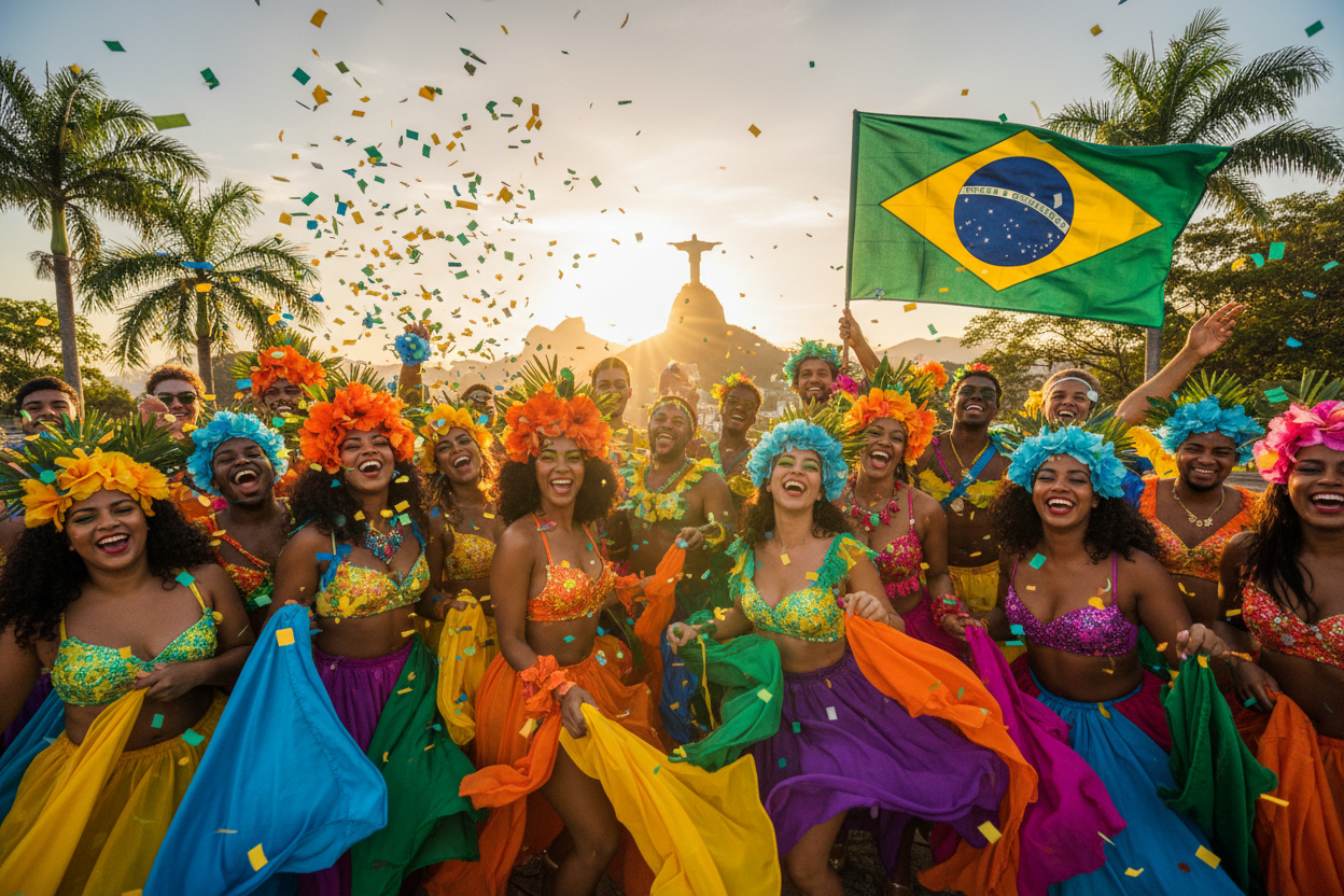 Enter the Brazil Market - smiling Brazilians celebrating with carnival colors and tropical elements