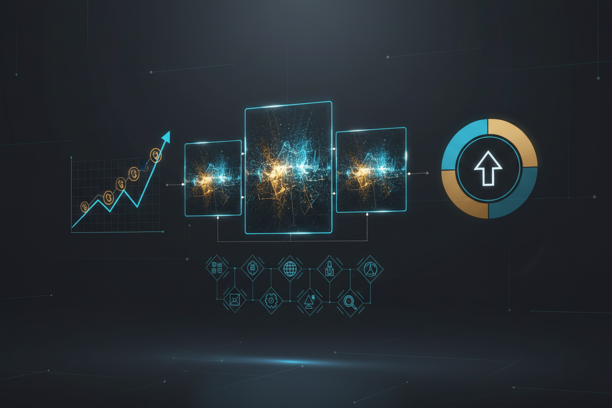 Paid Advertising PPC - glowing digital ad screens and ROI charts on dark background