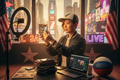 American content creator with NYC skyline, Times Square neon lights, NBA basketball and Hollywood vibes