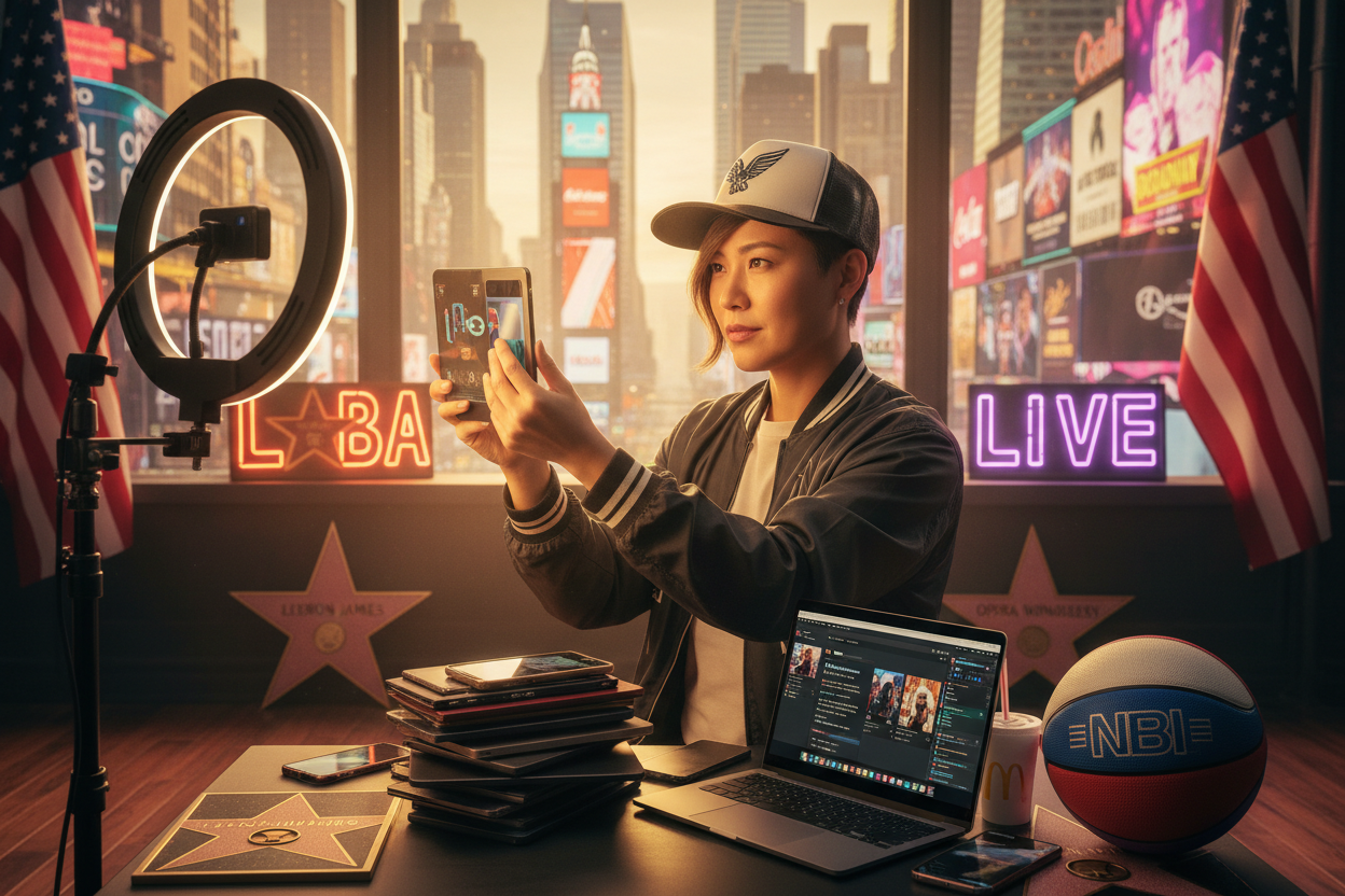 American content creator with NYC skyline, Times Square neon lights, NBA basketball and Hollywood vibes