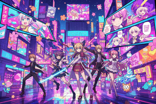 Anime Culture Marketing - vibrant anime-inspired illustration with colorful characters and neon Tokyo streets