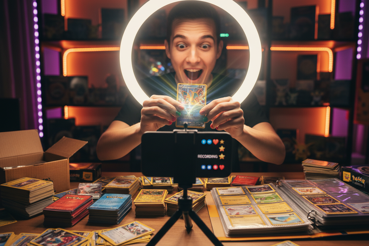 Excited TCG creator revealing a holographic rare card from a booster pack on camera