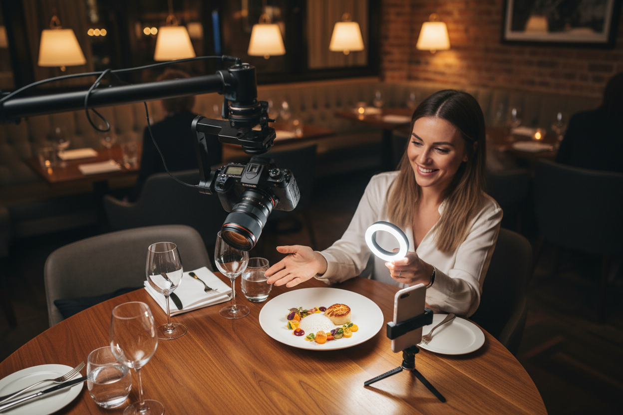 Food influencer filming a beautifully plated gourmet dish at an upscale restaurant