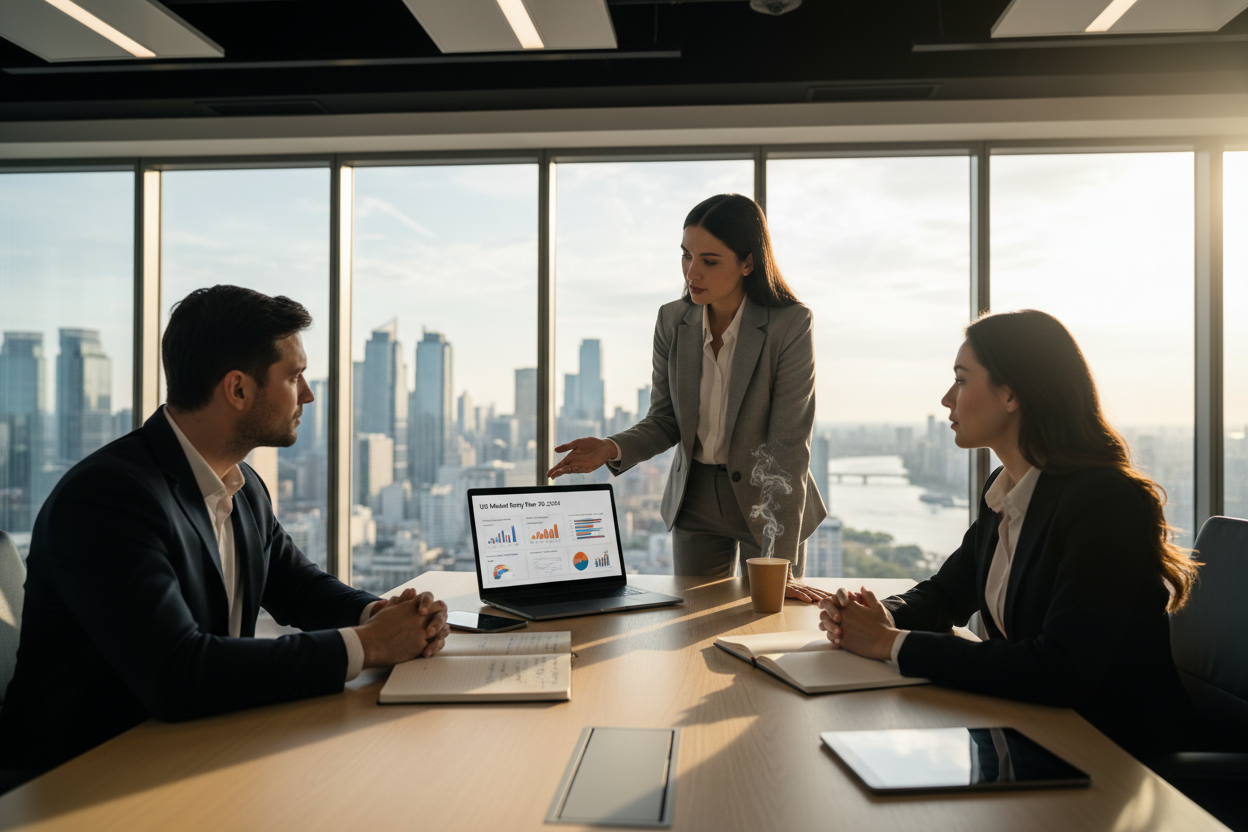 Professional marketing strategist presenting US market entry plan in a modern office