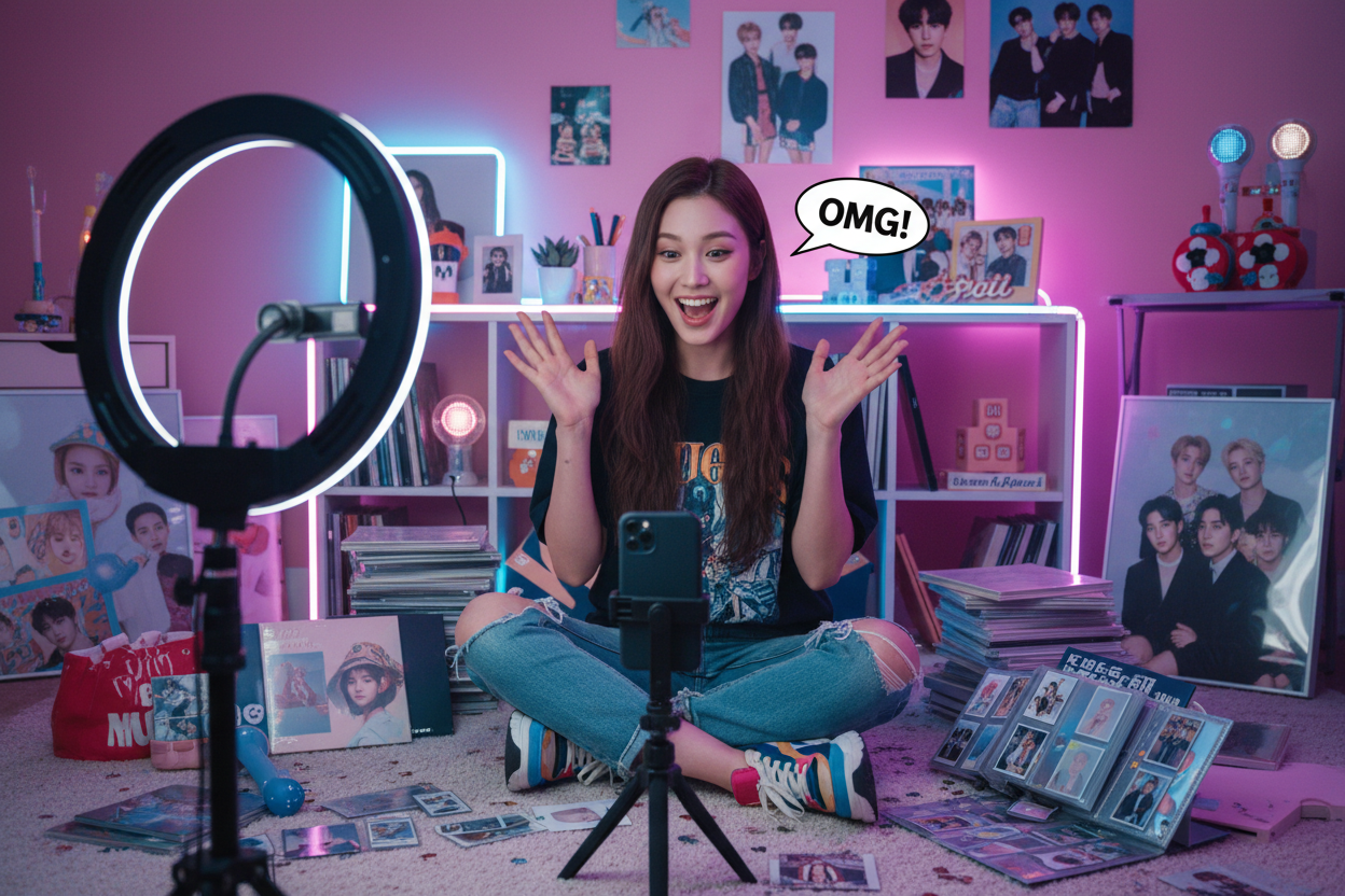 Excited K-pop fan creator surrounded by K-pop albums and merchandise filming a reaction video with neon lights