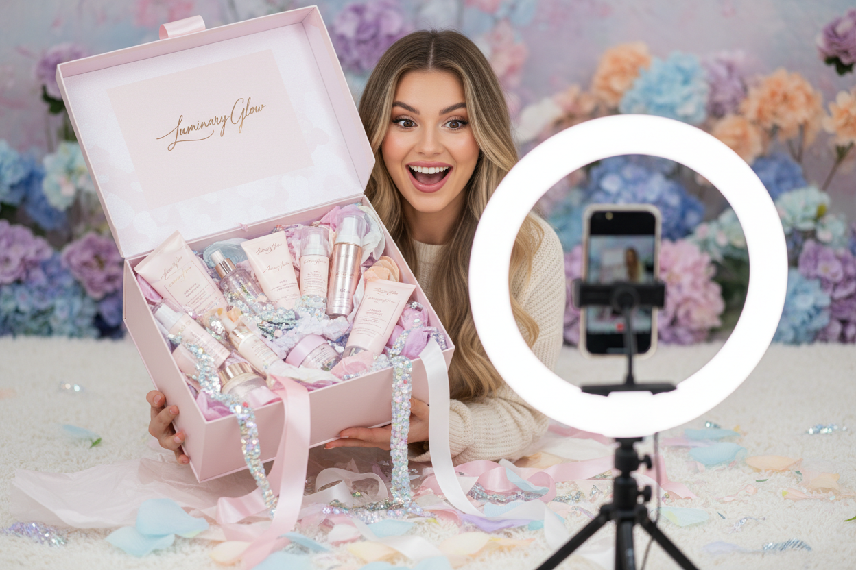 Excited beauty influencer unboxing a luxury PR package with confetti and skincare products