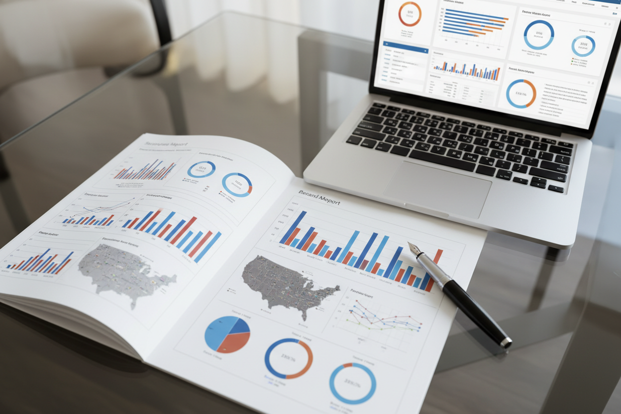 Premium brand audit report on glass desk with charts, analytics laptop and luxury pen