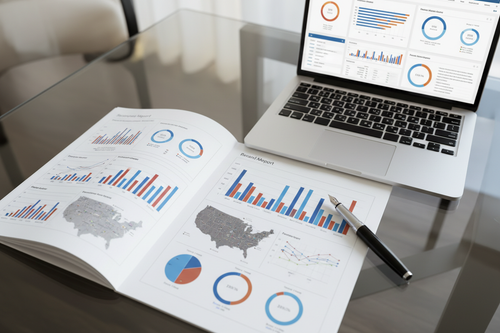 Premium brand audit report on glass desk with charts, analytics laptop and luxury pen